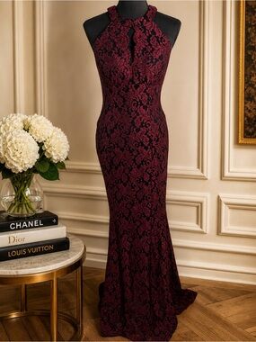 Vintage Nightway Burgundy Lace Halter Maxi Gown Size 6P Petite